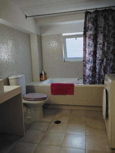 a bathroom with a tub and a toilet and a window at Rodi House in Nafplio