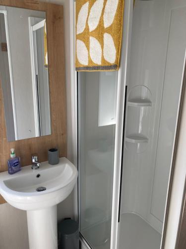 a bathroom with a sink and a shower at 3 Bedroom, 8 berth Luxury caravan in Belton