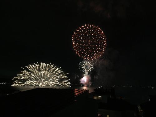 a bunch of fireworks in the sky at night at IZA Kamakura Guest House and Bar in Kamakura