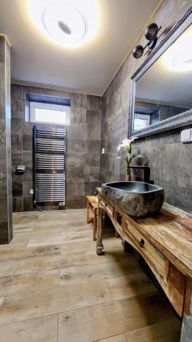 a bathroom with a stone sink and a mirror at Ubytko 151 Broumov in Broumov