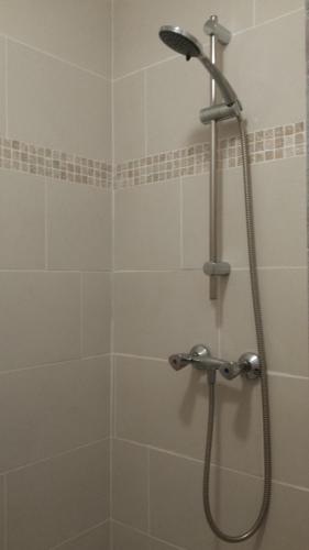 une douche avec pommeau de douche dans une salle de bain dans l'établissement Gorges du Verdon - Lac Sainte-Croix, à Montagnac