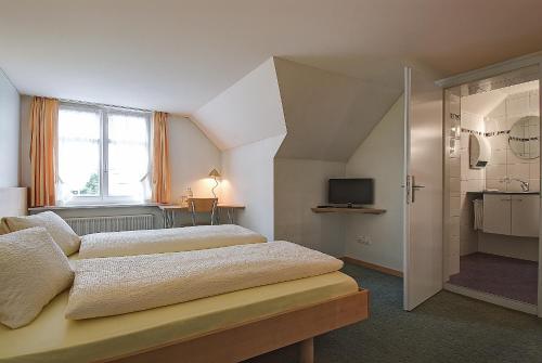 a bedroom with two beds and a window and a television at Gasthof Eisenbahn in Weinfelden