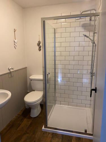 a bathroom with a toilet and a glass shower at The Hideaway Embleton in Embleton