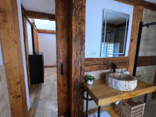 a bathroom with a sink and a mirror at Wildglowlodge in Petroşani