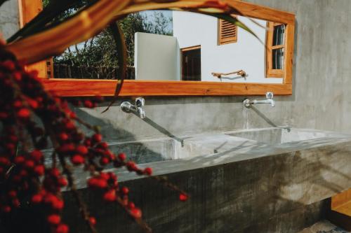 a bathroom sink with a mirror and red berries at The Coconut Experience Eco Lodge Wilpattu in Nagamadu