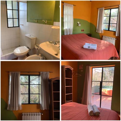 a collage of four pictures of a room at Casa Grande Hostel in Merlo