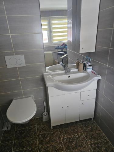 a bathroom with a white sink and a toilet at Ubytování Rumberk 2 in Deštná