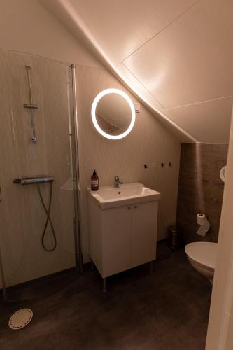 a bathroom with a sink and a shower and a toilet at Annexet Hjälmareds mill in Alingsås