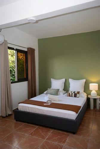a bedroom with a large bed with a green wall at T3 Elegance x Nawassi Moderne, climatisé, sécure in Pamandzi