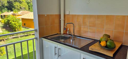a kitchen counter with a sink and a bowl of fruit at TOUMALACAÏ Appart 245 in Folle Anse