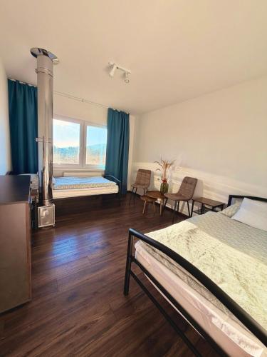 a room with two beds and a fireplace in it at Priestranný apartmán s veľkorysým výhľadom in Rača