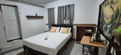 a small bedroom with a bed and a table at Larmar bed and breakfast in Puerto Princesa City