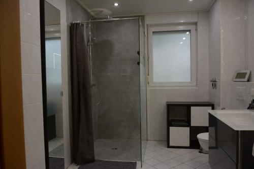 a bathroom with a shower with a glass door at Exklusive Wohnung mit Garten in Niederdorla