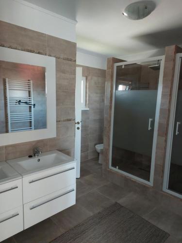a bathroom with a sink and a mirror and a toilet at Sári Vendégház in Remetea