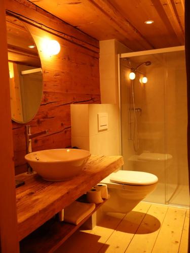 a bathroom with a sink and a toilet and a shower at Ski- und Berghaus Obergmeind in Tschappina