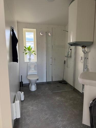 a bathroom with a toilet and a glass shower at Kolmårdsgården B&B in Kolmården