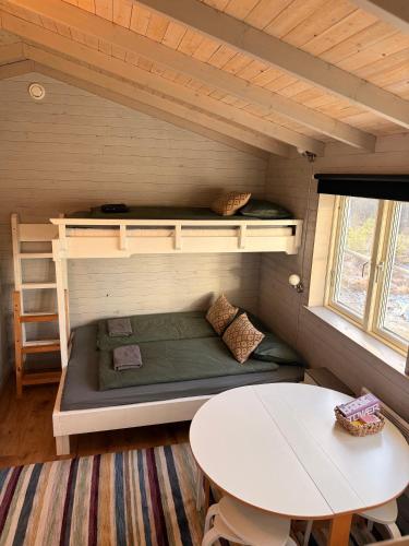a small room with a bunk bed and a table at Kolmårdsgården B&B in Kolmården