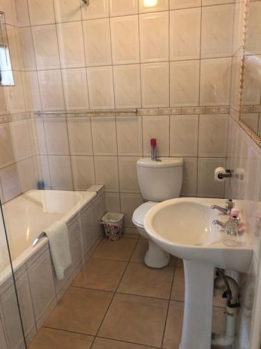 a bathroom with a toilet and a sink and a tub at Kamogelo Guest House in Pilanesberg