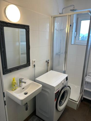 a bathroom with a sink and a washing machine at Ferienwohnung Sophia in Bad Gleichenberg