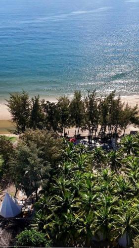 a view of a beach with trees and the ocean at Tropical eglamping Mũi Né in Ấp Long Sơn