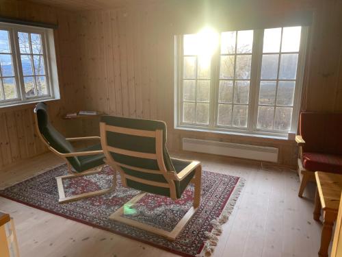 two chairs sitting on a rug in a room with windows at Koselig Gjestehus Med Badstue in Beitostøl