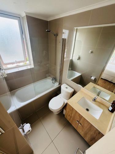 a bathroom with a toilet and a tub and a sink at Apart Hotel RCB in Chillán
