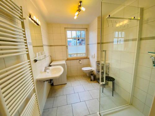 a bathroom with a sink and a toilet and a shower at Neue Villa Ernst - Ferienwohnung 4 in Bansin