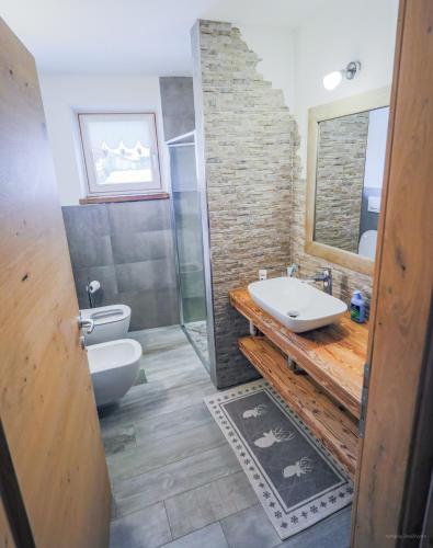 a bathroom with a sink and a toilet and a mirror at Majon de la nona in Pozza di Fassa