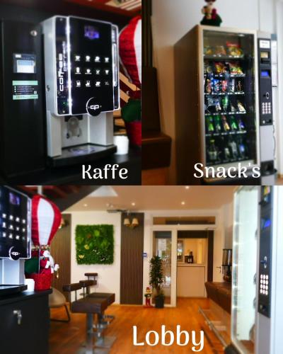 two pictures of a kitchen and a living room with a refrigerator at Stern Hotel Hannover in Hannover