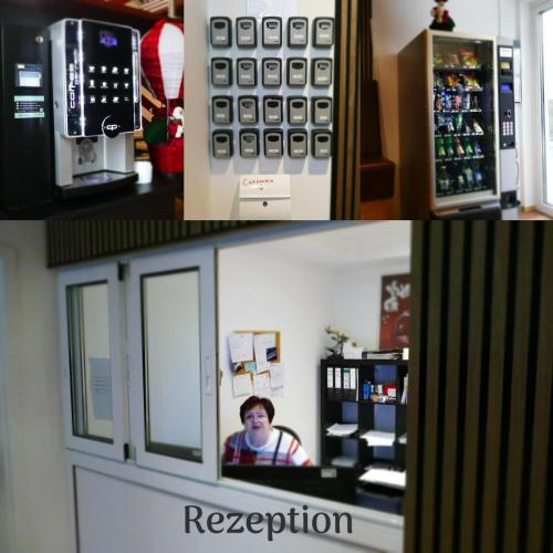two pictures of a coffee shop with a cash register at Stern Hotel Hannover in Hannover