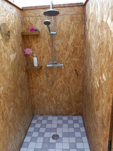 a shower in a bathroom with a tiled floor at La chevauchée vers les étoiles in Yèvres