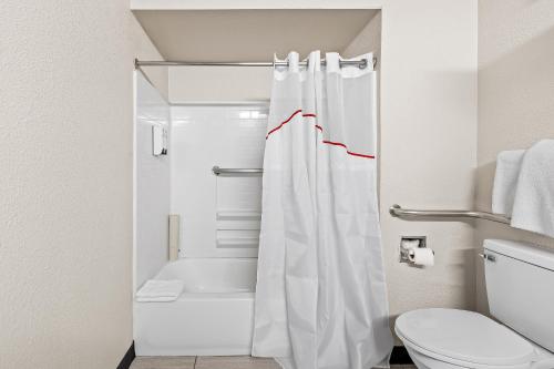a bathroom with a shower curtain and a toilet at Red Roof Inn Tucson - Vail in Tucson