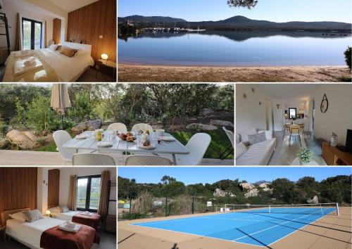 a collage of photos of a house and a pool at Casa 115 - Plage & piscine chauffée in Pianottoli-Caldarello