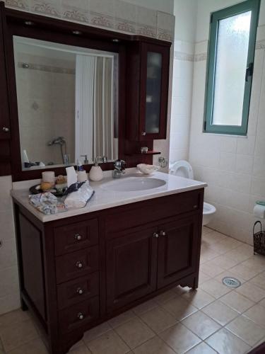 a bathroom with a sink and a large mirror at Aylida House in Paralía Avlídhos