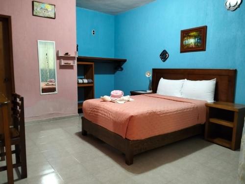 a bedroom with a bed with a pink and blue wall at Hotel Tres Flores in Huasca de Ocampo