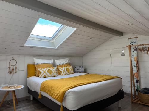 a bedroom with a large bed with a skylight at Les Tignoliers in Tignieu-Jameyzieu