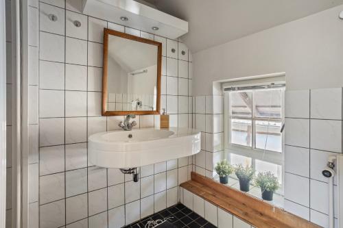 a bathroom with a sink and a mirror at boerderij, voorhuis in Schimmert
