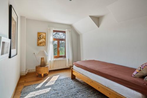 a bedroom with a large bed and a window at boerderij, voorhuis in Schimmert