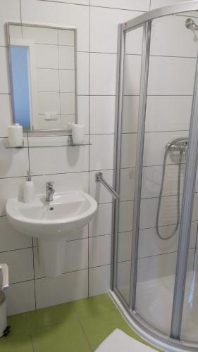 a bathroom with a sink and a shower with a mirror at Bed & Parking Eurobit in Hrušky