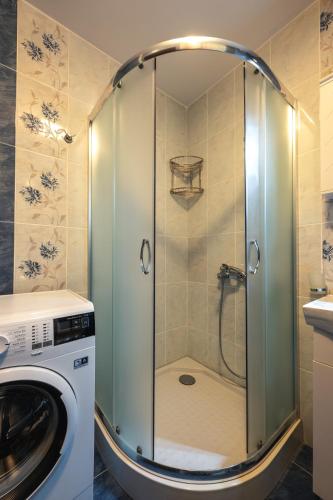 a shower in a bathroom with a washing machine at Апартамент Боров рай in Velingrad