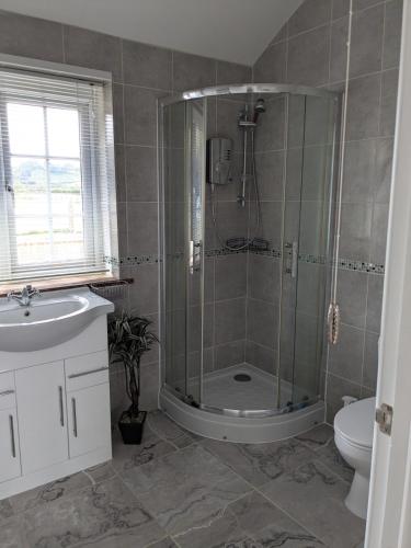 a bathroom with a shower with a sink and a toilet at Tanyfford Lodge, Abermule, Mid Wales, SY15 6NT in Abermule