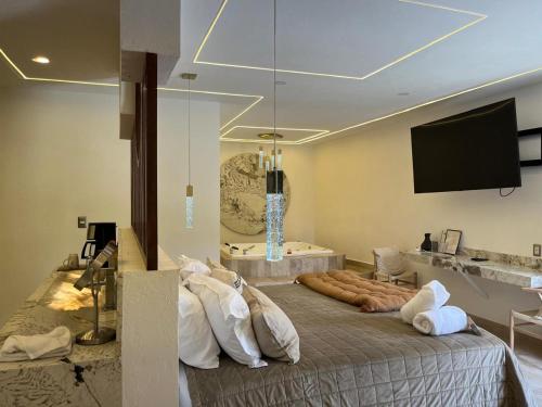 a room with a large bed with a flat screen tv at Yolihuani Relax Resort in Calvillo