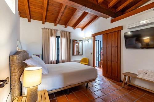 a bedroom with a white bed and a television at Natural&Mente Apartamentos Valle del Jerte in El Torno