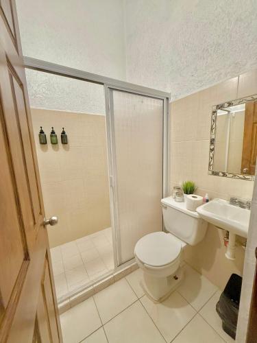 a bathroom with a shower and a toilet and a sink at Casa Morroken Ixtapa con Alberca in Ixtapa