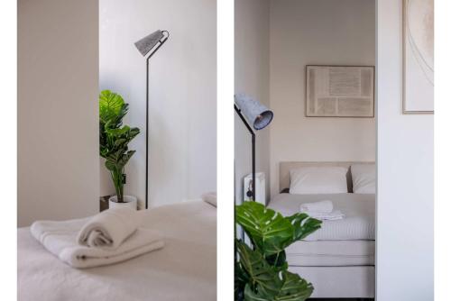 two pictures of a bedroom with a bed and a lamp at Modern One Bedroom Apartment - Rotterdam West in Rotterdam
