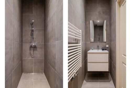 two pictures of a bathroom with a shower and a sink at Modern One Bedroom Apartment - Rotterdam West in Rotterdam
