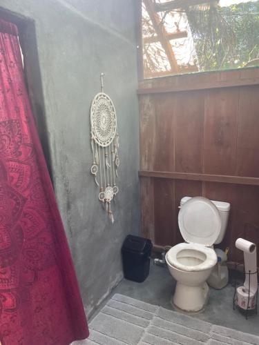 a bathroom with a toilet and a window at Sunflower Cottage near Ojo de Agua in Las Pilas