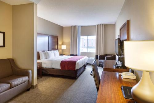 a large hotel room with a bed and a couch at Comfort Suites Lincoln North in Lincoln