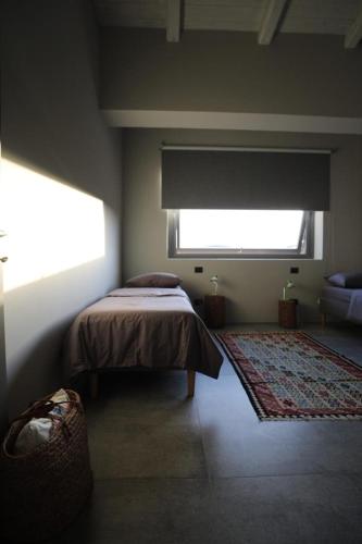 ein Schlafzimmer mit einem Bett, einem Fenster und einem Teppich in der Unterkunft C A S A A D E L E per una vacanza in semplicità e relax in Itri