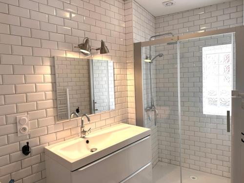 a bathroom with a sink and a mirror and a shower at Les Deux Canards Perdus in Rouffignac Saint-Cernin